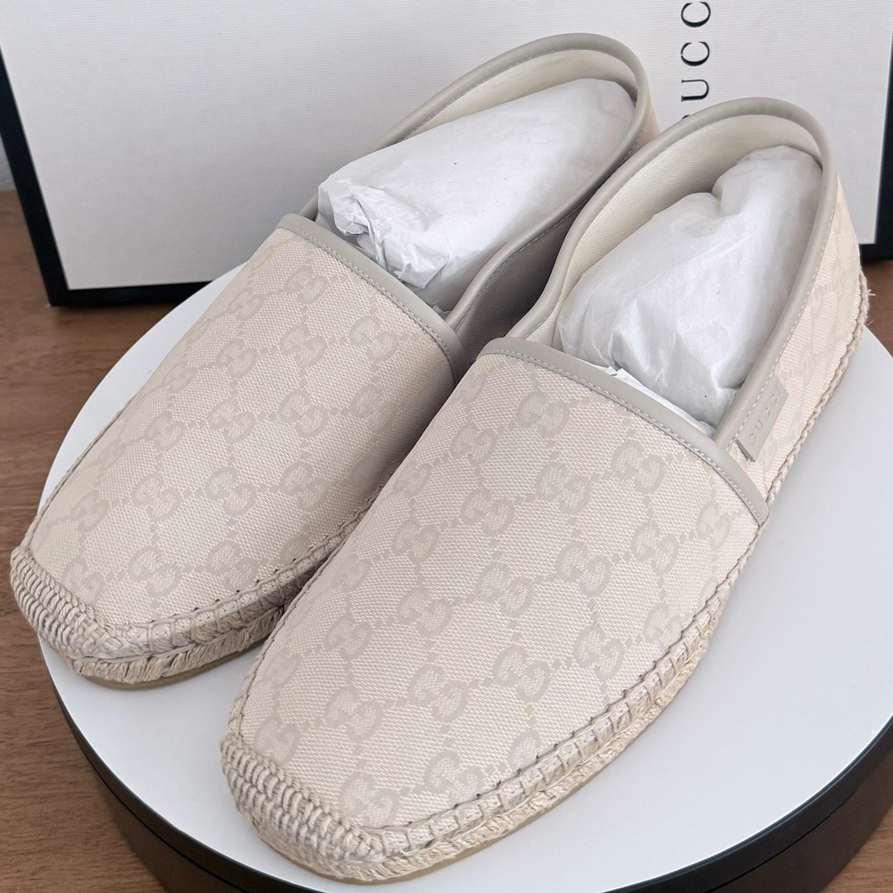 Gucci Mens GG Monogram Canvas Espadrilles White Beige 466903 US 8